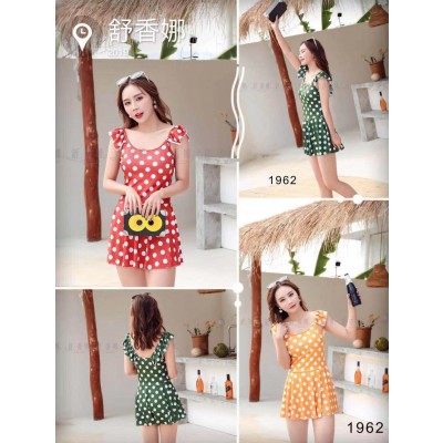 Army Green Dotted One-Piece Skirt-Style Swim wear For Women And Adult