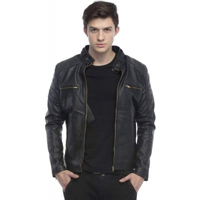 Zipped Faux Leather Biker Jacket For Men