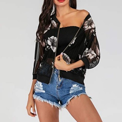 Women's 7-Sleeve Loose Print Sunscreen Zipper Slim Jacket